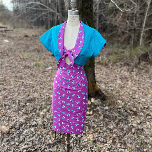 Purple & Teal Floral Dot Keyhole Retro Pinup Wiggle Dress w/Reversible Bolero - Picture 3 of 11